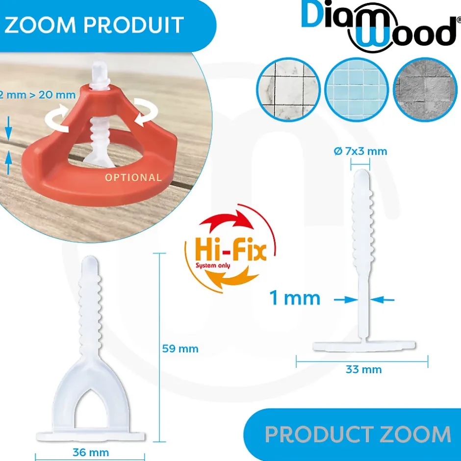 Diamwood Expert En Equipement 100 Croisillons Autonivelants à Visser 1 mm "HI-FIX" pour Carreaux de 2 à 20 mm - Diamwood
