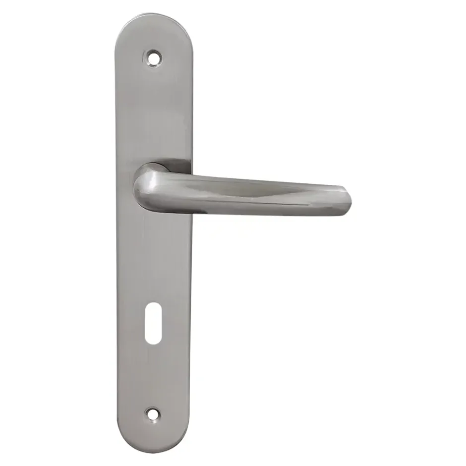 2 poignées de porte sur plaque rond avec serrure Amga, entraxe 195mm, coloris gris satiné