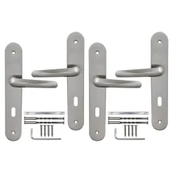 2 poignées de porte sur plaque rond avec serrure Amga, entraxe 195mm, coloris gris satiné