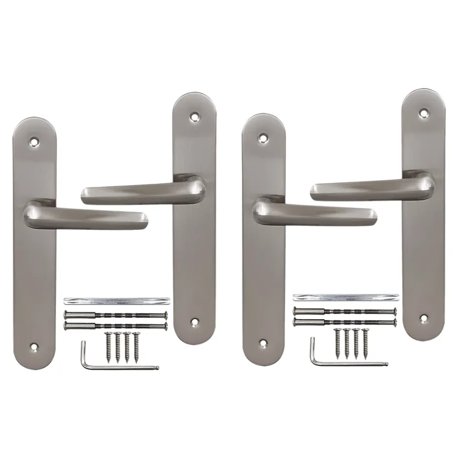 2 poignées de porte sur plaque rond Amga, entraxe 195mm, coloris gris satiné