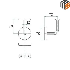 2 x Support mural fixe - Main courante plate - Platine 3 trous fraisés + CACHE - Inox 304-MySystem Sale