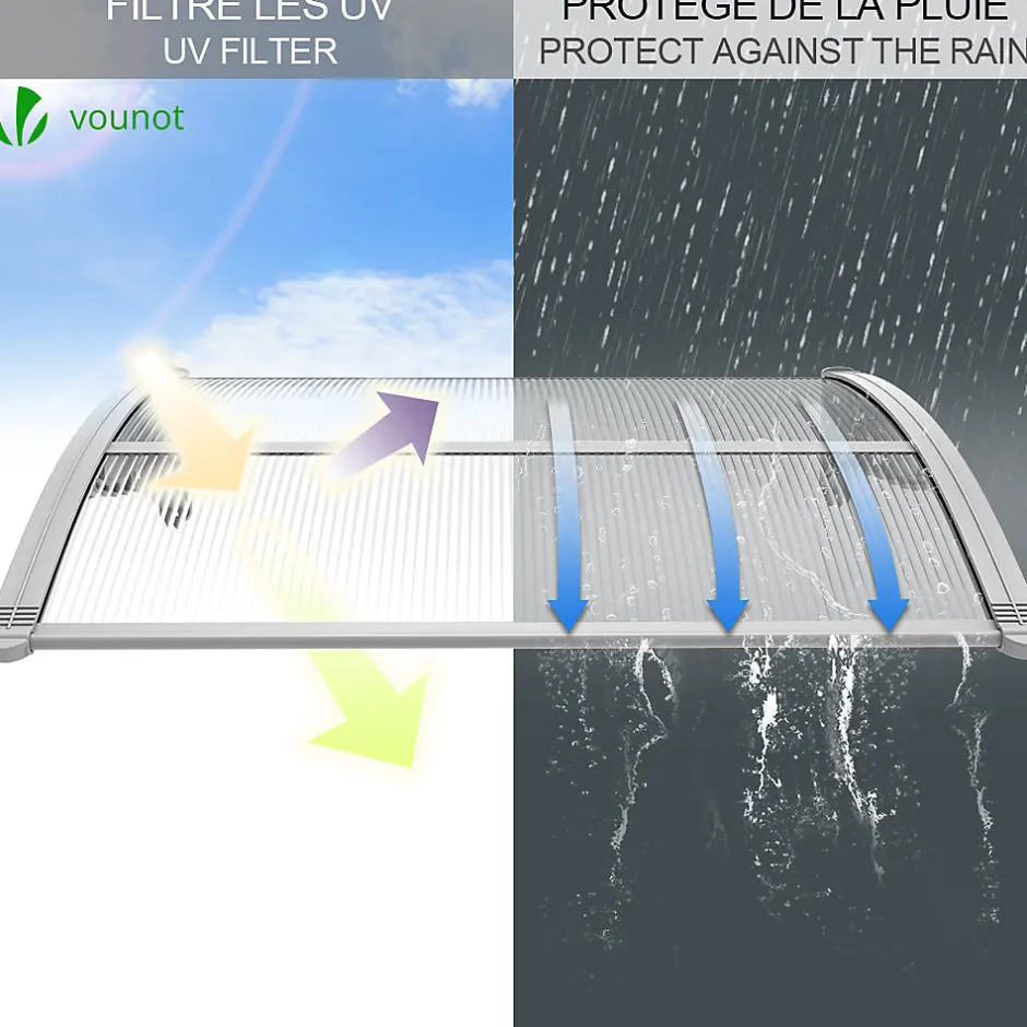 Vounot Auvent de porte marquise 120x80 cm transparent en Polycarbonate anti UV Gris