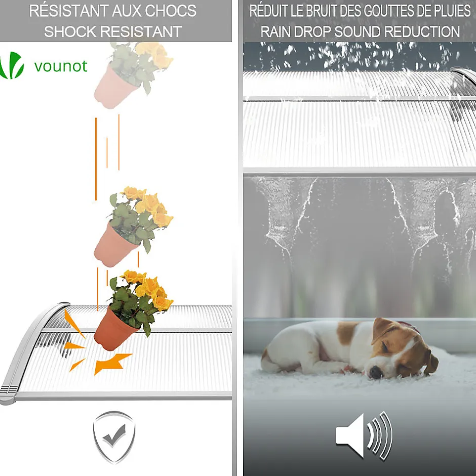 Vounot Auvent de porte marquise 120x80 cm transparent en Polycarbonate anti UV Gris