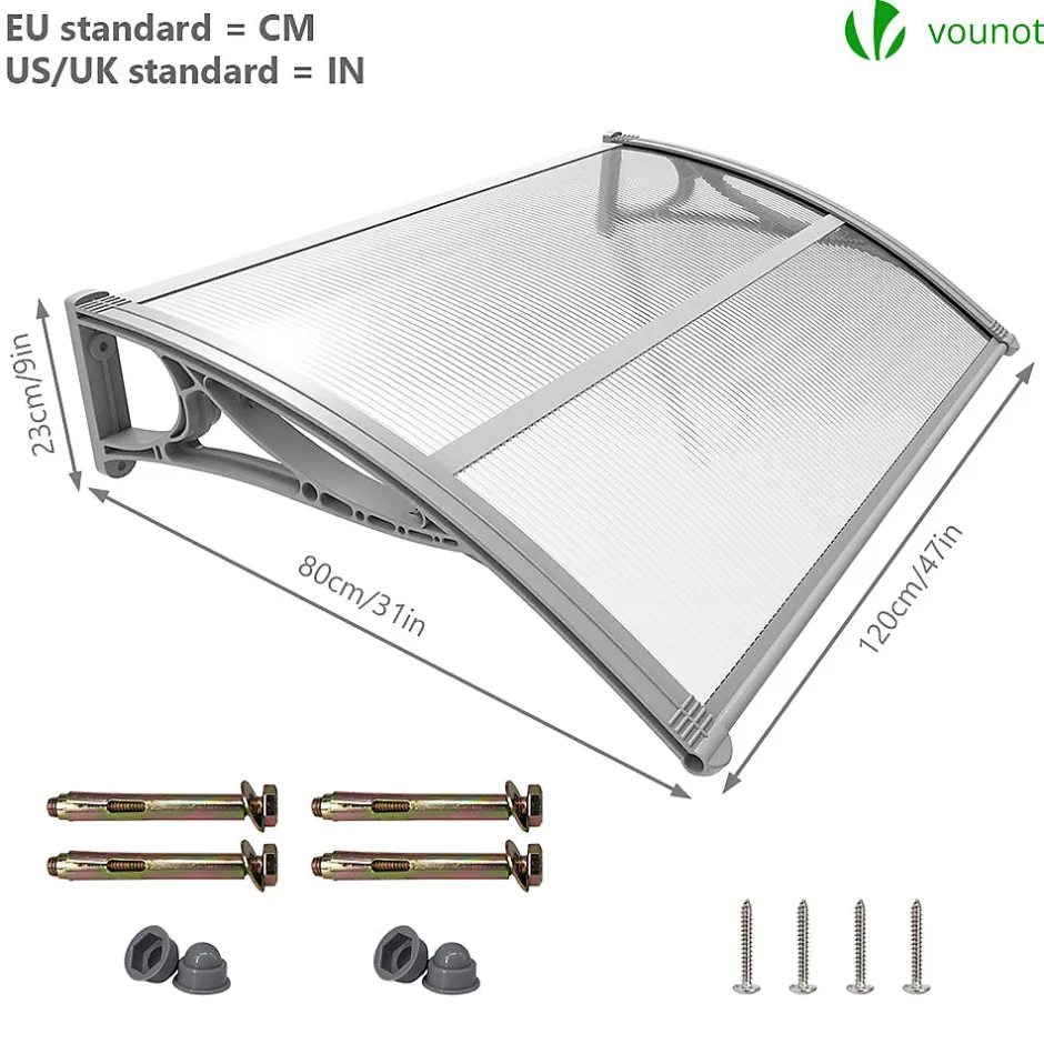 Vounot Auvent de porte marquise 120x80 cm transparent en Polycarbonate anti UV Gris