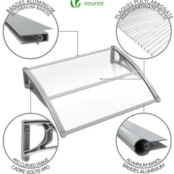 Vounot Auvent de porte marquise 120x80 cm transparent en Polycarbonate anti UV Gris
