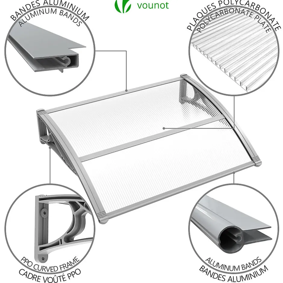 Vounot Auvent de porte marquise 120x80 cm transparent en Polycarbonate anti UV Gris