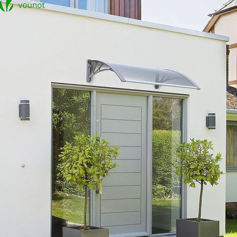 Vounot Auvent de porte marquise 120x80 cm transparent en Polycarbonate anti UV Gris