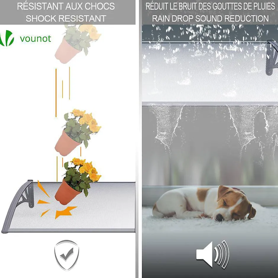 Vounot Auvent de porte marquise 120x80 cm transparent en Polycarbonate anti UV Gris