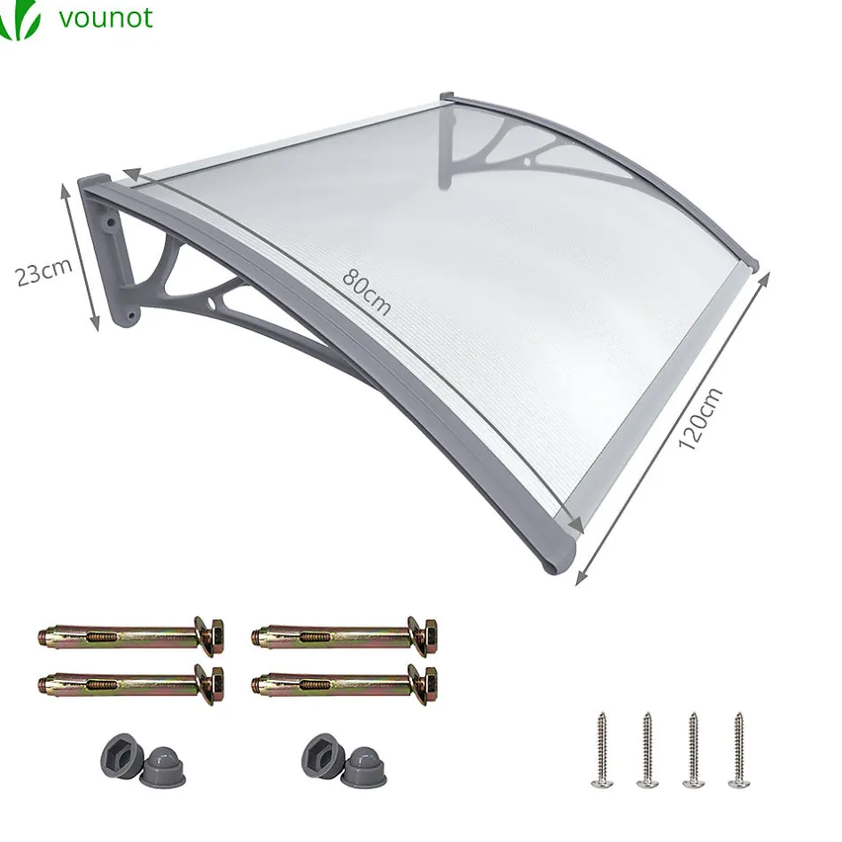 Vounot Auvent de porte marquise 120x80 cm transparent en Polycarbonate anti UV Gris