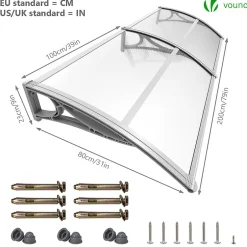 Vounot Auvent de porte marquise 200x80 cm transparent en Polycarbonate anti UV Gris