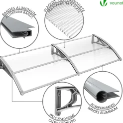 Vounot Auvent de porte marquise 200x80 cm transparent en Polycarbonate anti UV Gris
