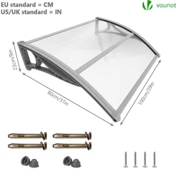 Auvent de porte marquise 100x80 cm transparent en Polycarbonate anti UV Gris-Vounot Discount