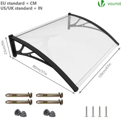 Vounot Auvent de porte marquise 120x80 cm transparent en Polycarbonate anti UV Noir