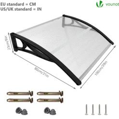 Vounot Auvent de porte marquise 100x80 cm transparent en Polycarbonate anti UV Noir