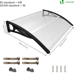 Vounot Auvent de porte marquise 120x80 cm transparent en Polycarbonate anti UV Noir