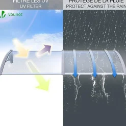 Vounot Auvent de porte marquise 200x80 cm transparent en Polycarbonate anti UV Gris