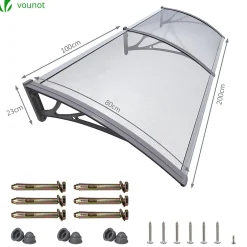 Vounot Auvent de porte marquise 200x80 cm transparent en Polycarbonate anti UV Gris