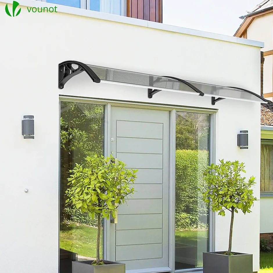 Auvent de porte marquise 200x80 cm transparent en Polycarbonate anti UV Noir-Vounot Best