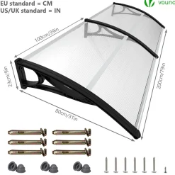 Auvent de porte marquise 200x80 cm transparent en Polycarbonate anti UV Noir-Vounot Best