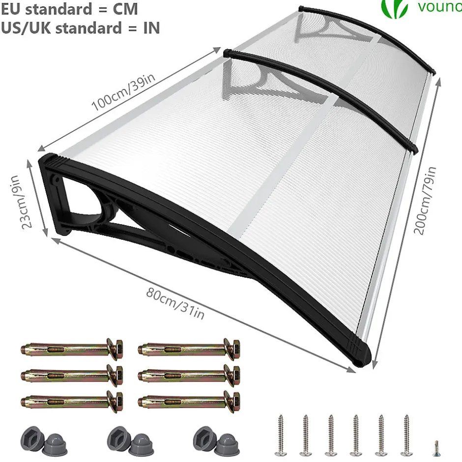 Auvent de porte marquise 200x80 cm transparent en Polycarbonate anti UV Noir-Vounot Best