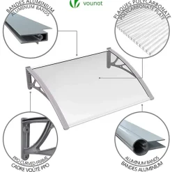 Vounot Auvent de porte marquise 100x80 cm transparent en Polycarbonate anti UV Gris