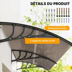 Outsunny Auvent marquise de porte design voûté arrondi dim. 195L x 80l x 23H cm polycarbonate fumé brun plastique noir