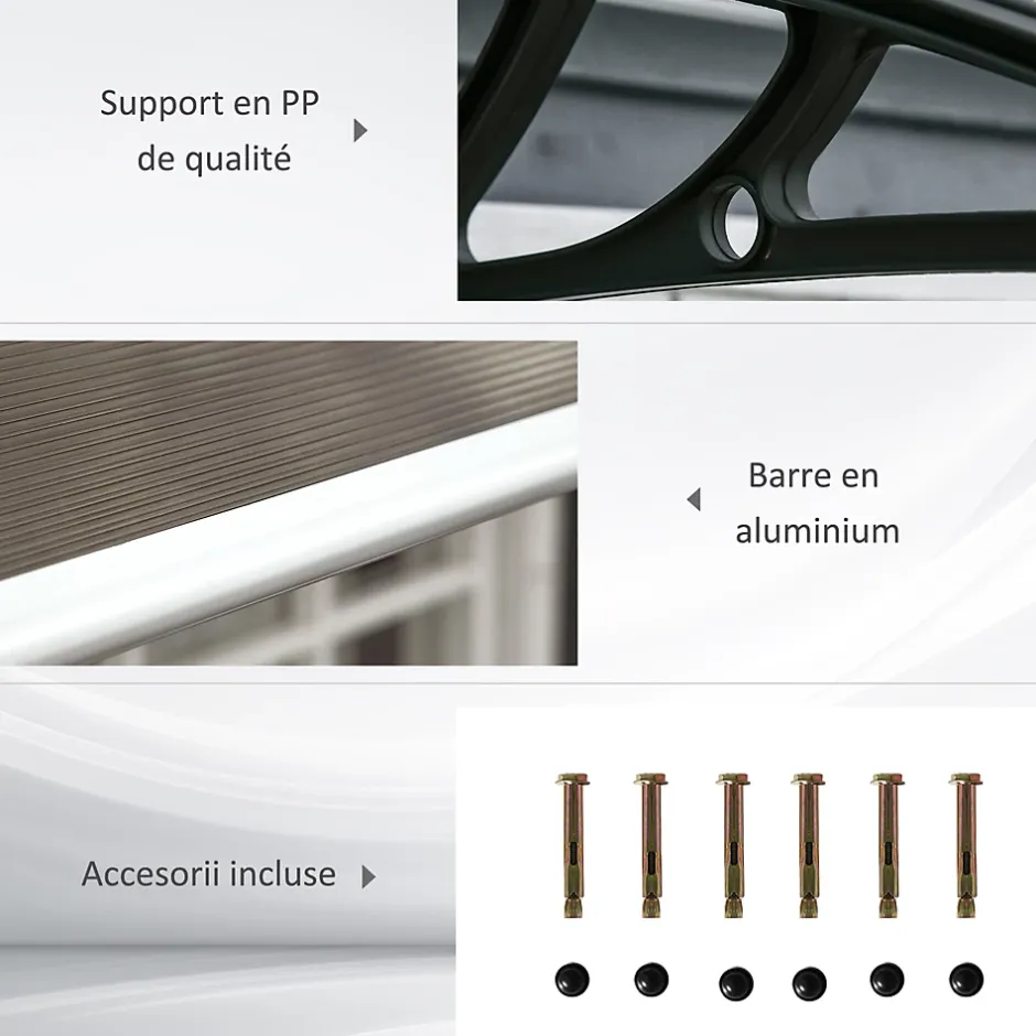 Auvent marquise de porte design voûté arrondi dim. 200L x 96l x 27H cm polycarbonate fumé brun PP noir-Outsunny Online