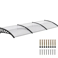 Outsunny Auvent marquise de porte design voûté arrondi dim. 303L x 96l x 27H cm alu polycarbonate plastique noir
