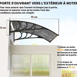 Auvent marquise de porte design voûté arrondi dim. 100L x 75l x 23H cm alu polycarbonate fumé plastique noir-Outsunny Discount
