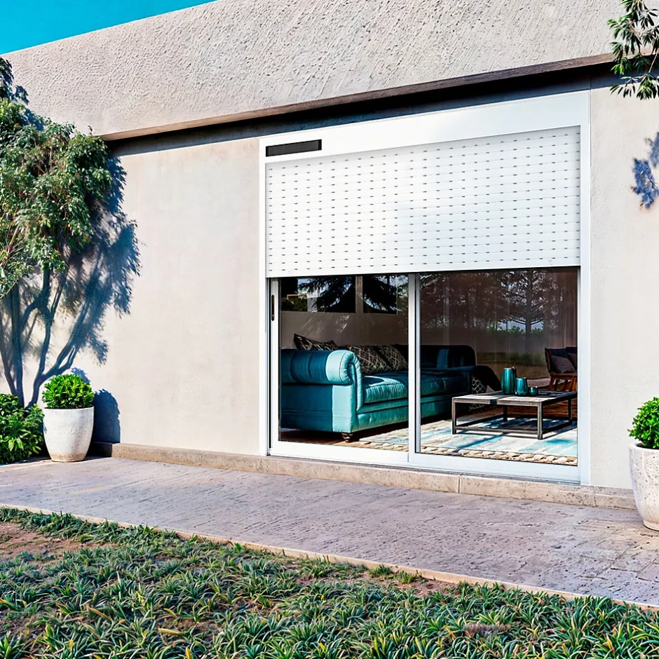 Baie coulissante alu blanc avec volet roulant solaire L.240x H.200 cm Sw=0,38