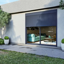 Baie coulissante alu gris avec volet roulant électrique intégré motorisation Somfy l.240 x H.200 cm Uw=2- Sale
