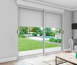 Baie coulissante en aluminium blanc avec volet roulant électrique intégré motorisation Somfy l.240 x H.200 cm Uw=2