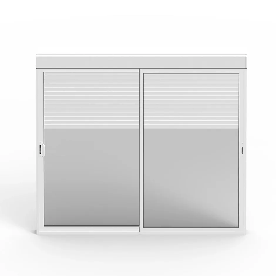 Baie coulissante en aluminium blanc avec volet roulant électrique intégré motorisation Somfy l.240 x H.200 cm Uw=2