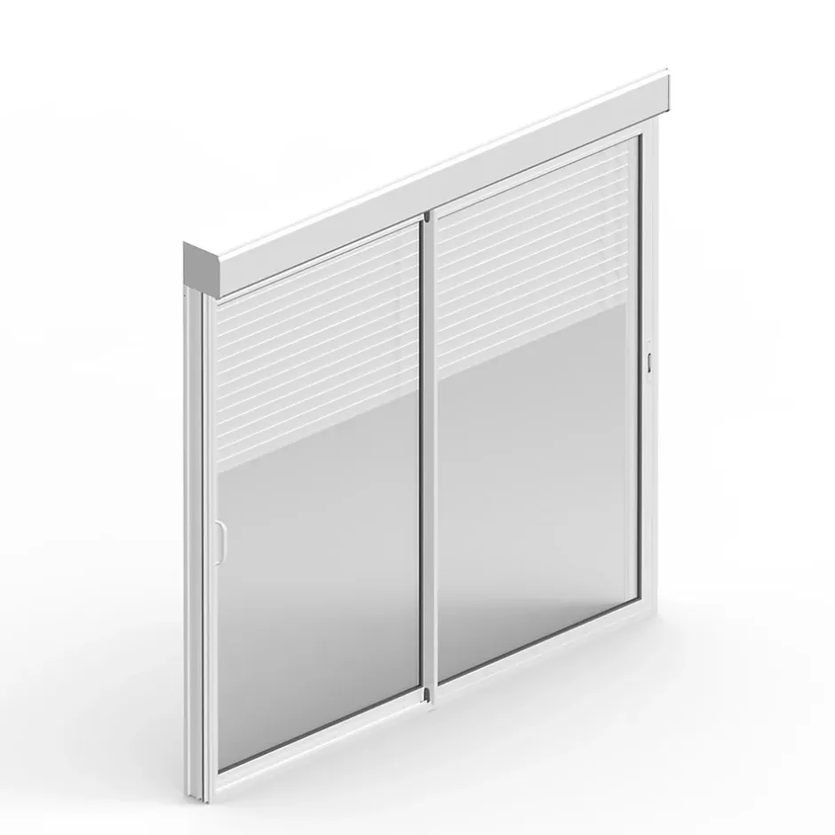 Baie coulissante en aluminium blanc avec volet roulant électrique intégré motorisation Somfy l.240 x H.200 cm Uw=2
