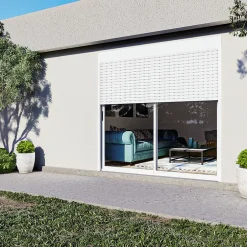 Baie coulissante en aluminium blanc avec volet roulant électrique intégré motorisation Somfy l.240 x H.200 cm Uw=2