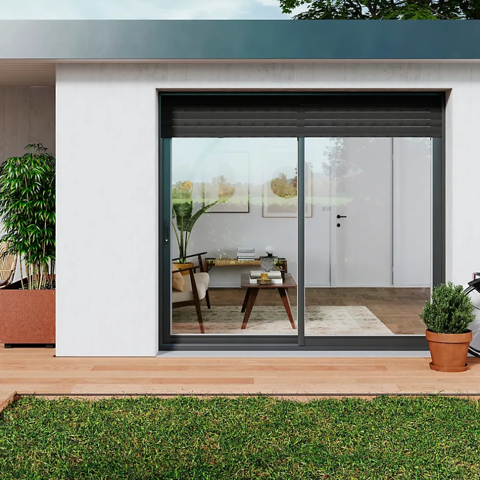 GoodHome Baie vitrée coulissante alu + volet roulant électrique gris - l.240 x h.215 cm - Uw 1,7