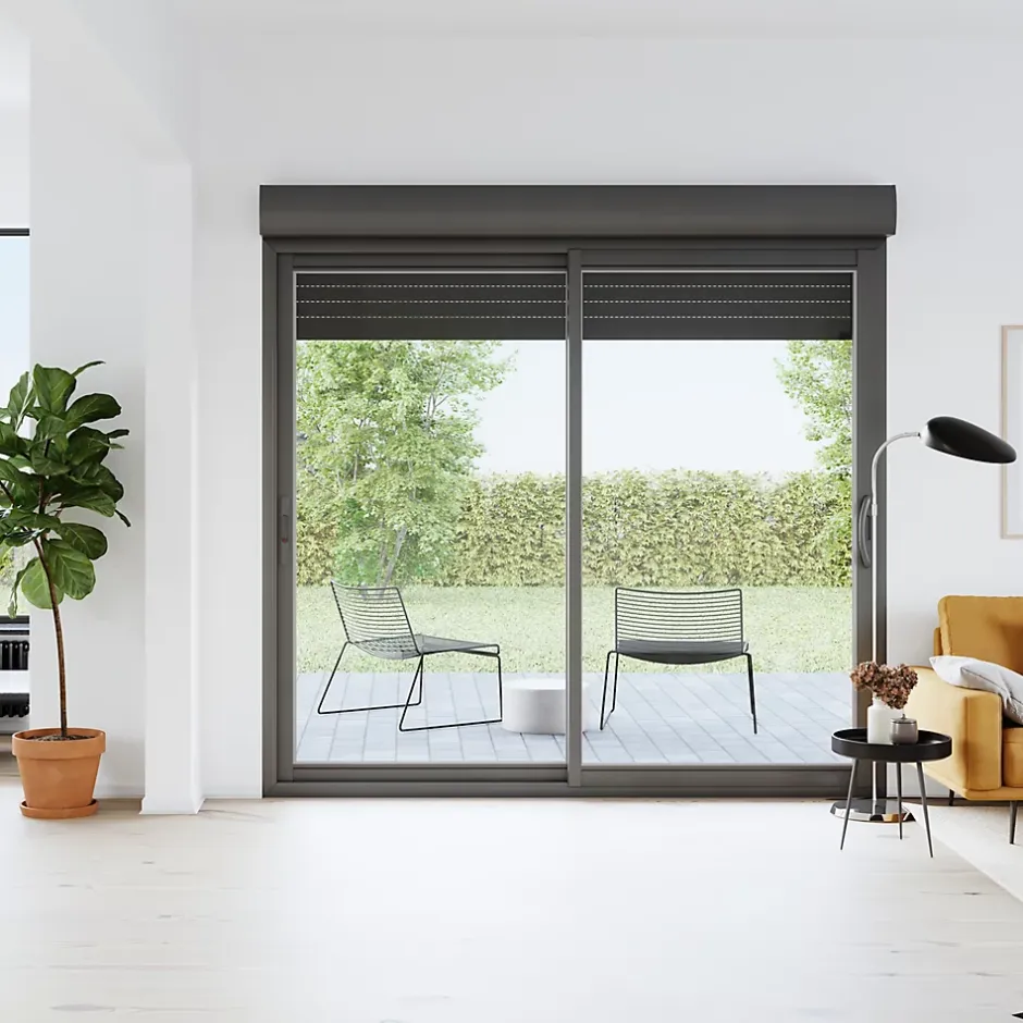Baie vitrée coulissante alu + volet roulant motorisé gris - l.180 x h.215 cm - Uw 1,7-GoodHome New