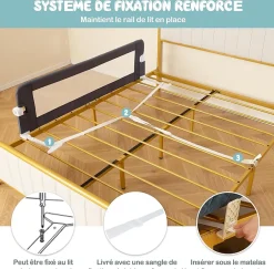 Giantex Barriere de Lit Pliable et Portable avec Cadre en Metal,en Forme de T, avec Mecanisme a Double Bouton (Gris, 150 x 40 x 42 CM)