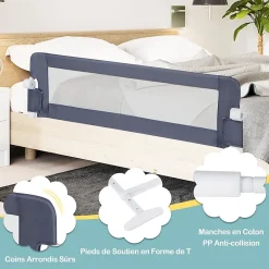 Giantex Barriere de Lit Pliable et Portable avec Cadre en Metal,en Forme de T, avec Mecanisme a Double Bouton (Gris, 150 x 40 x 42 CM)