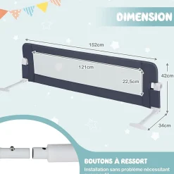 Giantex Barriere de Lit Pliable et Portable avec Cadre en Metal,en Forme de T, avec Mecanisme a Double Bouton (Gris, 150 x 40 x 42 CM)