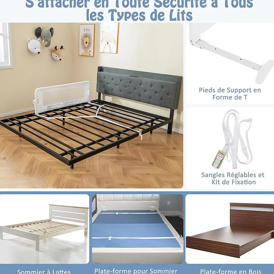 Giantex Barriere de Lit Pliable et Portable avec Cadre en Metal , en Forme de T, avec Mecanisme a Double Bouton (Blanc, 120 x 40 x 42 CM)