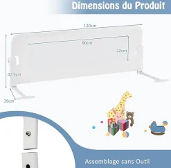 Giantex Barriere de Lit Pliable et Portable avec Cadre en Metal , en Forme de T, avec Mecanisme a Double Bouton (Blanc, 120 x 40 x 42 CM)