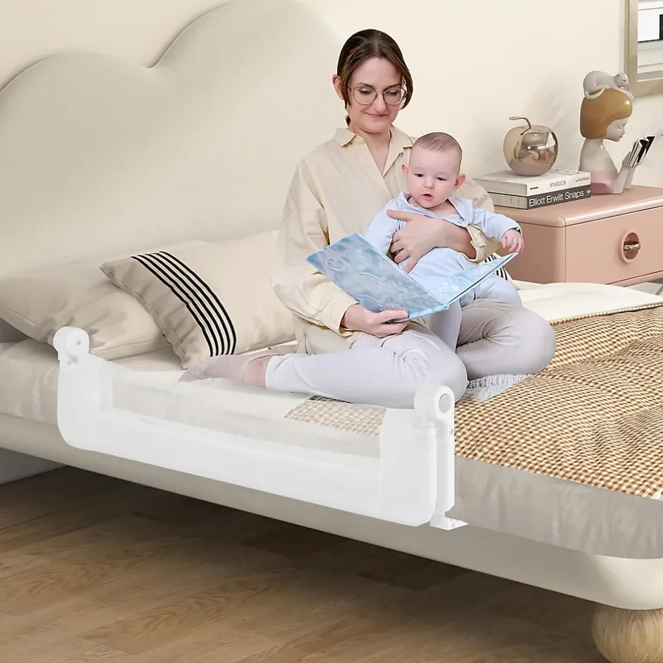 Giantex Barriere de Lit Pliable et Portable avec Cadre en Metal , en Forme de T, avec Mecanisme a Double Bouton (Blanc, 120 x 40 x 42 CM)