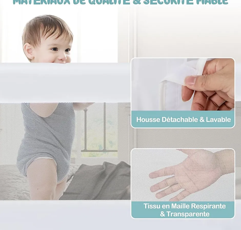 Barriere de Lit Pliable et Portable avec Cadre en Metal , en Forme de T, avec Mecanisme a Double Bouton (Blanc, 150 x 40 x 42 CM)-Giantex Online