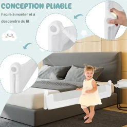 Barriere de Lit Pliable et Portable avec Cadre en Metal , en Forme de T, avec Mecanisme a Double Bouton (Blanc, 150 x 40 x 42 CM)-Giantex Online