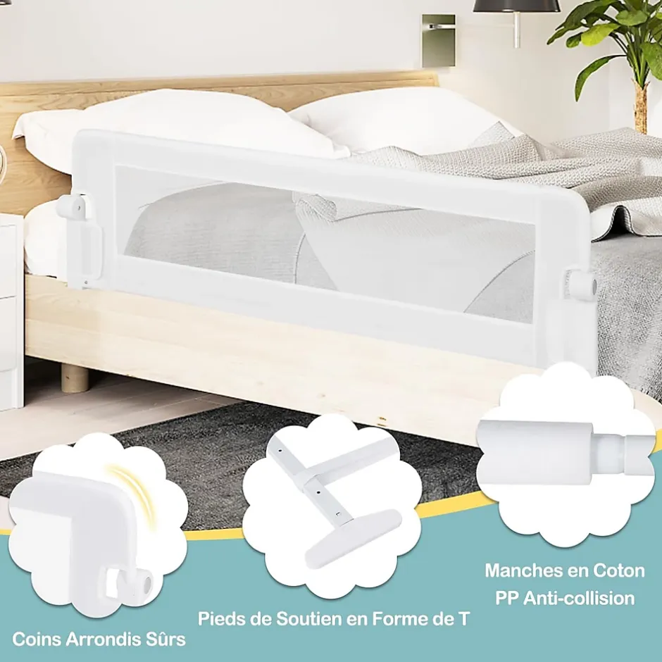Barriere de Lit Pliable et Portable avec Cadre en Metal , en Forme de T, avec Mecanisme a Double Bouton (Blanc, 150 x 40 x 42 CM)-Giantex Online