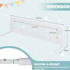 Barriere de Lit Pliable et Portable avec Cadre en Metal , en Forme de T, avec Mecanisme a Double Bouton (Blanc, 150 x 40 x 42 CM)-Giantex Online