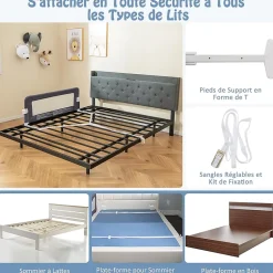 Giantex Barriere de Lit Pliable et Portable avec Cadre en Metal, en Forme de T, avec Mecanisme a Double Bouton (Gris, 120 x 40 x 42 CM)