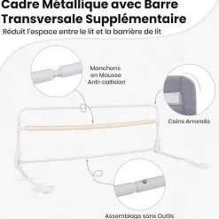 Giantex Barriere de Securite Enfant 120 cm, Barrière de Lit Bébé Rabattable avec Cadre en Métal, Housse Amovible, Gris