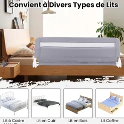 Giantex Barriere de Securite Enfant 120 cm, Barrière de Lit Bébé Rabattable avec Cadre en Métal, Housse Amovible, Gris